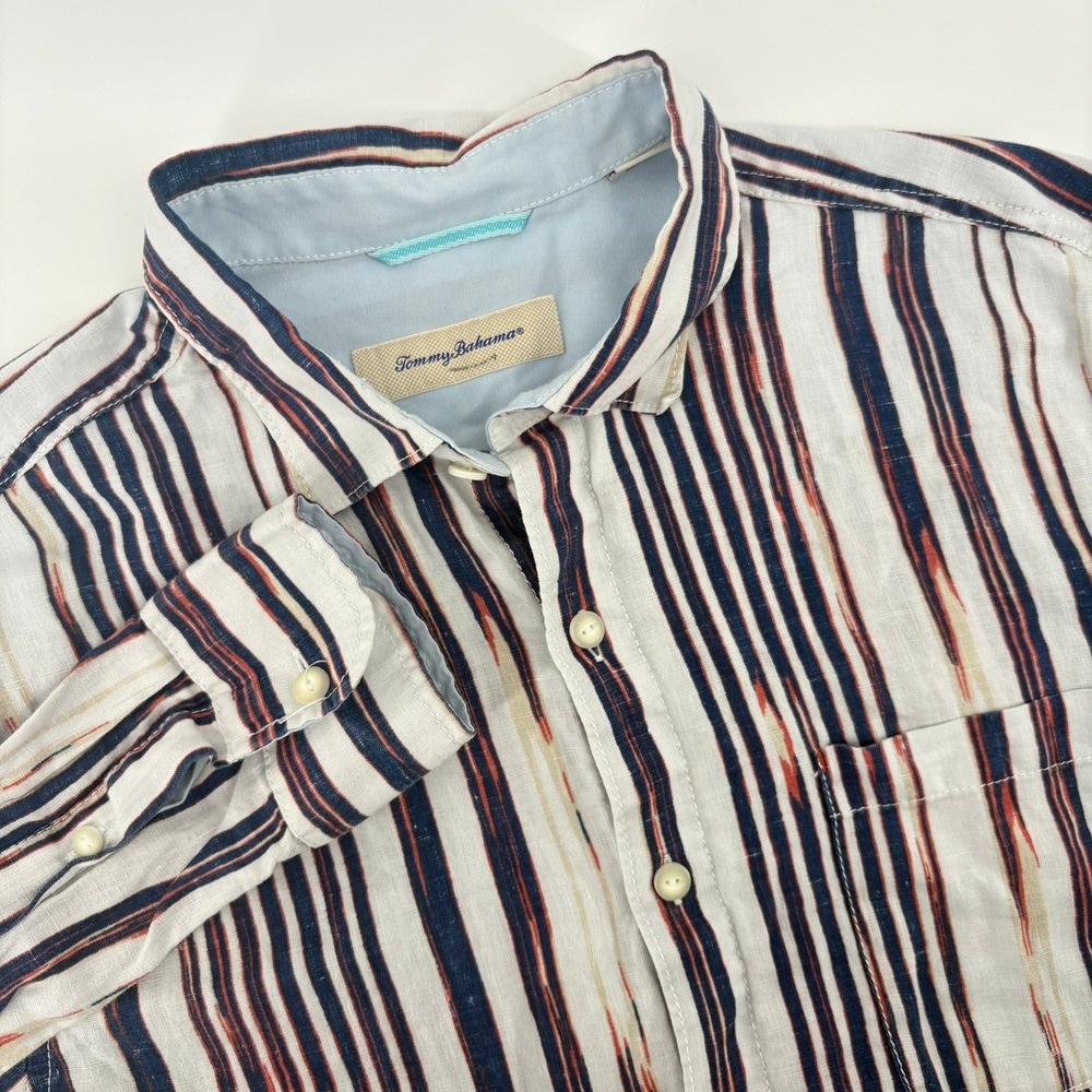 Tommy Bahama Mens Large 100% Linen Long Sleeve Ikat Stripe Button Down Shirt